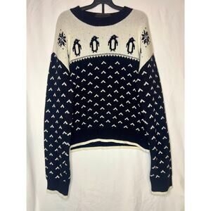 Kate Spade XL Cashmere Blend Intarsia Knit Jeweled Penguin Sweater Black/White